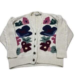Vintage Hunters Glen Sweater L White Floral Cable Knit Trim Cardigan Chunky